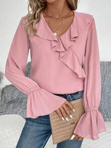SHEIN Privé 荷葉邊荷葉袖襯衫 - 粉色 - 查看 3