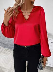 SHEIN Privé Chain Detail Lantern Sleeve Satin Blouse - Red - View 4