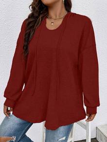 SHEIN LUNE Áo nỉ cổ rộng màu trơn dáng rộng - Màu Đỏ Sâu - Xem 3