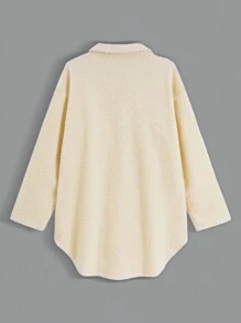 SHEIN Unity 翻蓋口袋落肩袖絨毛外套 - 杏色 - 查看 2