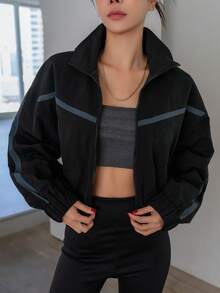 Dazy Designer Băng tương phản Thả vai Dây kéo Áo khoác - màu đen - Xem 3