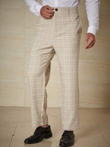 Calvornis Men Plus Plaid Print Slant Pocket Suit Pants - Khaki - View 6