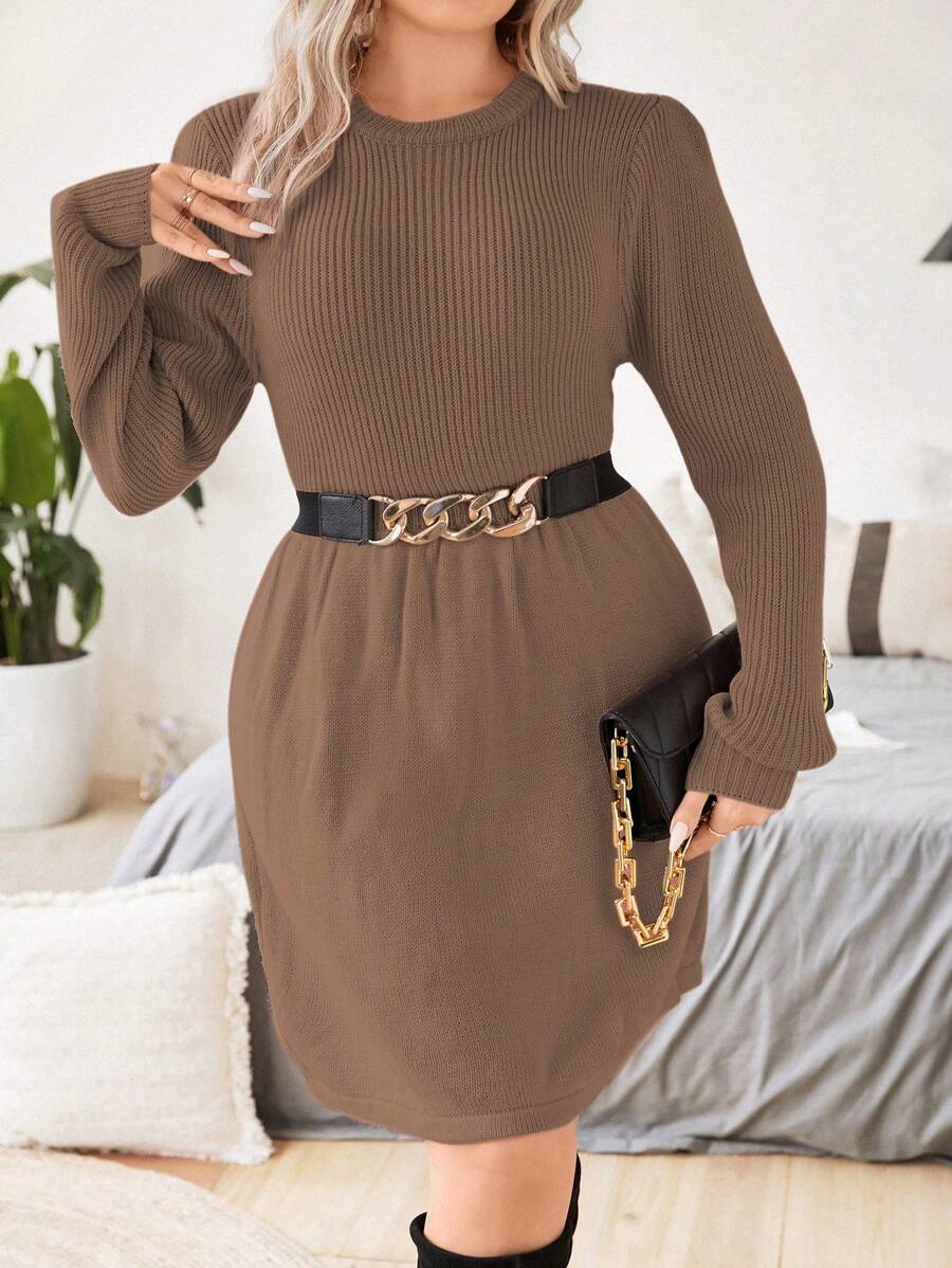 Celure Plus Solid Ribbed Knit Sweater Dress Without Belt