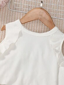 SHEIN Cô Gái Trẻ Vai lạnh Viền Ruffle Áo thun & Quần ống loe - Màu Hồng Tươi - Xem 5