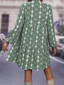 SHEIN LUNE 滿版印花繫帶領燈籠袖洋裝 - 墨綠色 - 查看 2