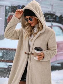 SHEIN LUNE Solid Hooded Teddy Duffle Coat - Apricot - View 6