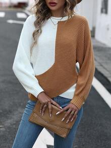 Chiquease Two Tone Batwing Sleeve Asymmetrical Hem Knit Pullover Fall Winter Sweater - Camel - View 5
