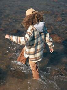 In My Nature Plaid Print Drop Shoulder Hooded Jacket - Blue - View 6