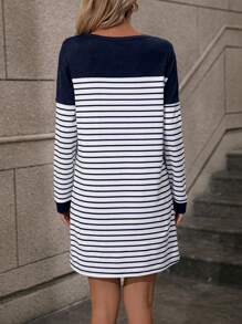 SHEIN LUNE In sọc Váy áo thun - Xanh và trắng - Xem 2