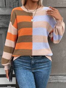 SHEIN LUNE Sọc Khối màu Thả vai Áo len - Nhiều màu - Xem 3