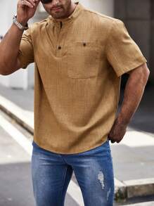 Manfinity Homme Áo Sơ Mi Nam Plus Túi Vá Nửa Nút Tay Ngắn Lên Vải Lanh Trơn Kỳ Nghỉ Sơ Mi Sơ Mi - màu nâu - Xem 3