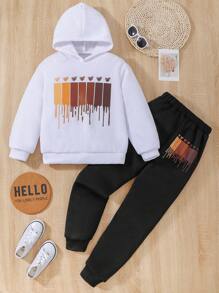 SHEIN 女大童心印花連帽保暖襯裡連帽衫和運動褲 - 白色 - 查看 1