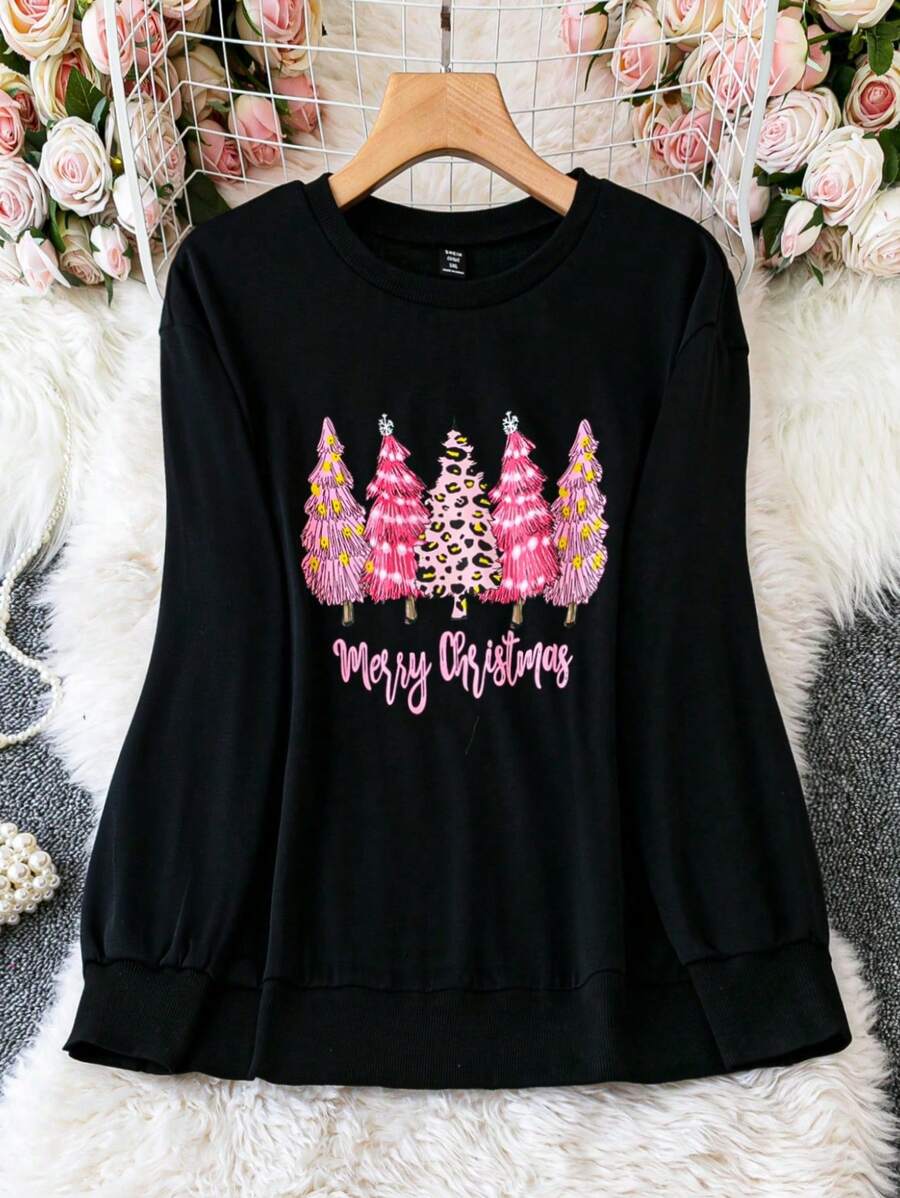 SHEIN LUNE Sudadera con estampado navideño, sudadera de otoño - Negro - Ver 1