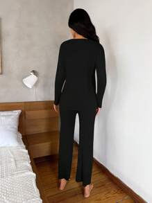 EURMUSE Floral And Slogan Graphic Ribbed Knit Tee & Pants Lounge Set - Black - View 2