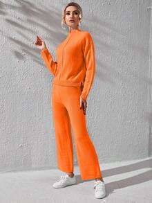 SHEIN Essnce Mock Neck Seam Front Drop Shoulder Sweater & Knit Pants - Orange - View 4