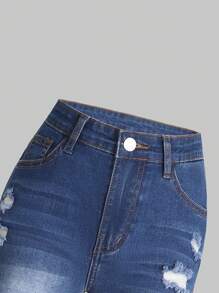 SHEIN Explorewe 少女新款破洞牛仔褲 - 深色水洗藍 - 查看 4