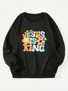 Flirla Plus Floral & Slogan Graphic Thermal Sweatshirt - Black - View 6