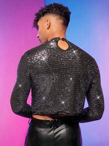 FeverCity 男士小高領亮片T恤 - 黑色 - 查看 2