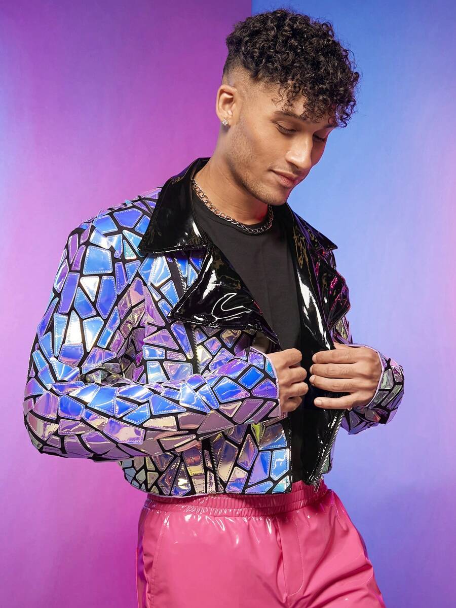 FeverCity Men Holographic Geo Biker Jacket - Pink - View 1