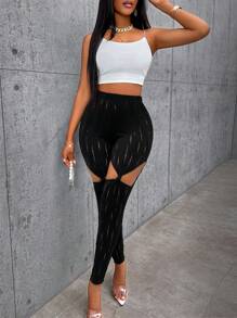 SHEIN Slayr 鏤空網眼針織緊身打底褲 - 黑色 - 查看 4