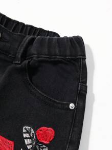 少年男孩刺繡細節和磨損黑色牛仔褲 - 黑色 - 查看 5