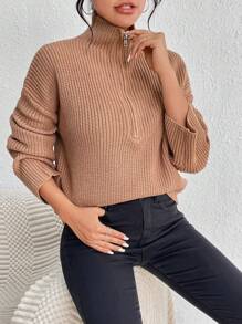 SHEIN Unity Jersey con cremallera media de hombros caídos - Caqui - Ver 6