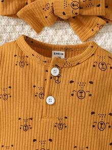 女嬰滿版卡通圖案連身背心和褲子＆ 頭巾 - 彩色 - 查看 4