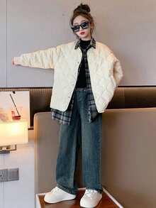 SHEIN 女童格子绗缝夹克，二合一设计 - 白色 - 查看 3