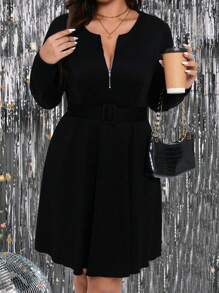 SHEIN LUNE Hơn Dây kéo phía trước Khóa thắt lưng Đầm - màu đen - Xem 3