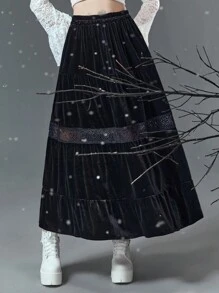 ROMWE Goth Contrast Lace Ruffle Hem Skirt - Black - View 2