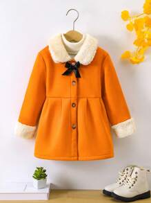 SHEIN 小女童抽鬚邊夾克帶蝴蝶結裝飾用品 - 橘色 - 查看 1