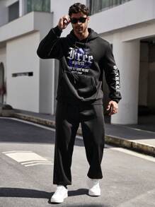 Manfinity LEGND 男士大码標語圖案抽繩連帽衫和運動褲 - 黑色 - 查看 4