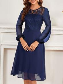 圓領長袖蕾絲拼接連衣裙 - 藏蓝色 - 查看 3