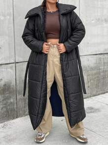 Flirla Plus Solid Belted Padded Padded Coat Clothes Winter - Black - View 1