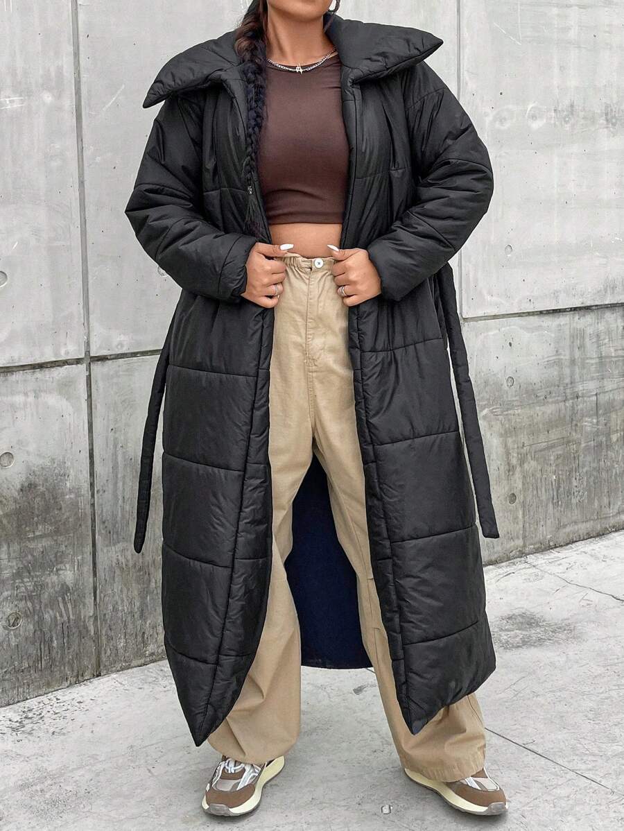 Flirla Plus Solid Belted Padded Padded Coat Clothes Winter - Black - View 1