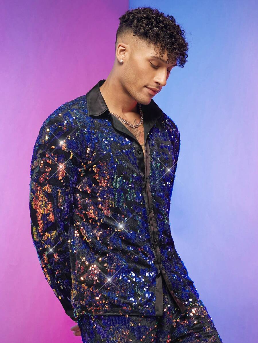 FeverCity Men Button Up Sequin Shirt - Multicolor - View 1