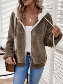 SHEIN LUNE Thả vai Dây rút áo có mũ Flannelette Áo khoác - Màu xám đen - Xem 5