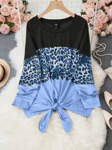 SHEIN LUNE Hơn In hoa Báo Khối màu Nút viền Áo thun - Màu xanh lam - Xem 1