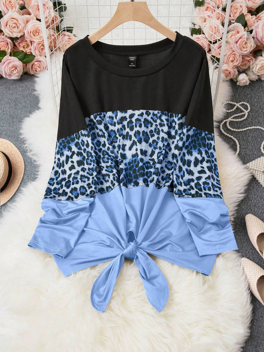 SHEIN LUNE Hơn In hoa Báo Khối màu Nút viền Áo thun - Màu xanh lam - Xem 1