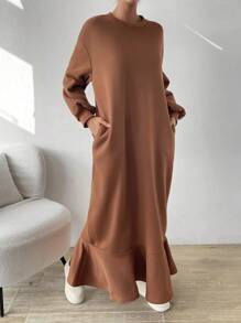 SHEIN Essnce Chất rắn Xù Hoa Sen Lót nhiệt Đầm nỉ - màu nâu - Xem 4