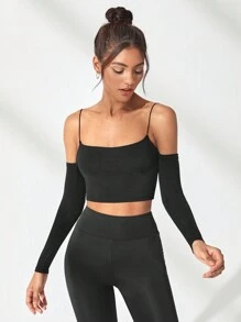 SHEIN Sports Women's Open Shoulder Sports T-Shirt - Black - View 4