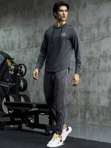 男士字母图案抽绳运动卫衣 - 深灰色 - 查看 7