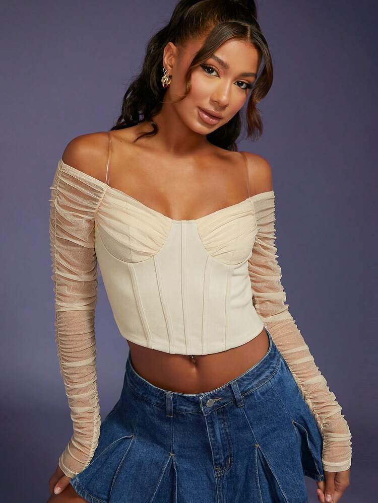 Off Shoulder Ruched Mesh Long Sleeve Crop Top