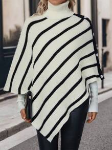 SHEIN LUNE Striped Pattern Turtleneck Batwing Sleeve Asymmetrical Hem Poncho Sweater - Black and White - View 1