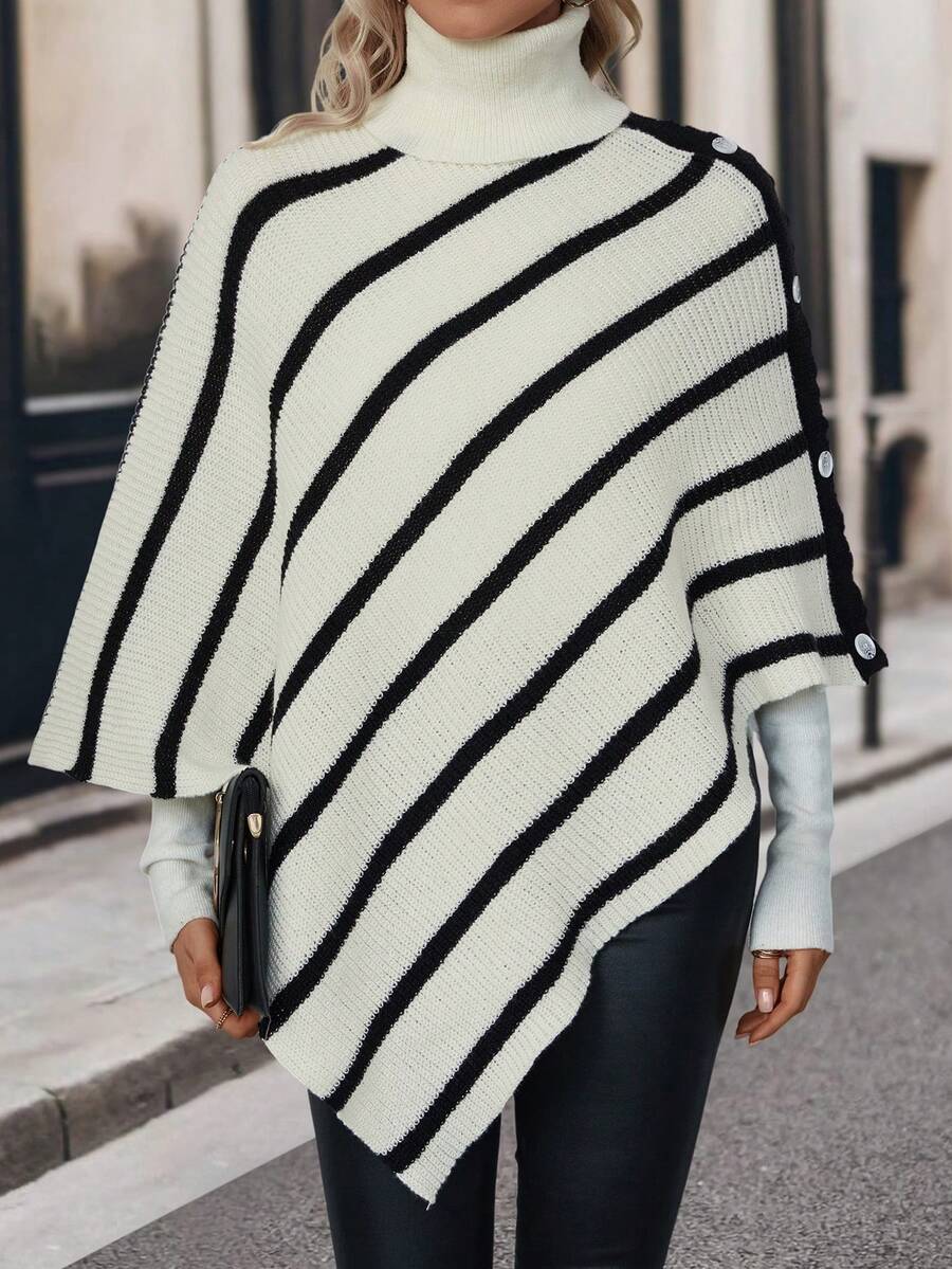 SHEIN LUNE Striped Pattern Turtleneck Batwing Sleeve Asymmetrical Hem Poncho Sweater - Black and White - View 1