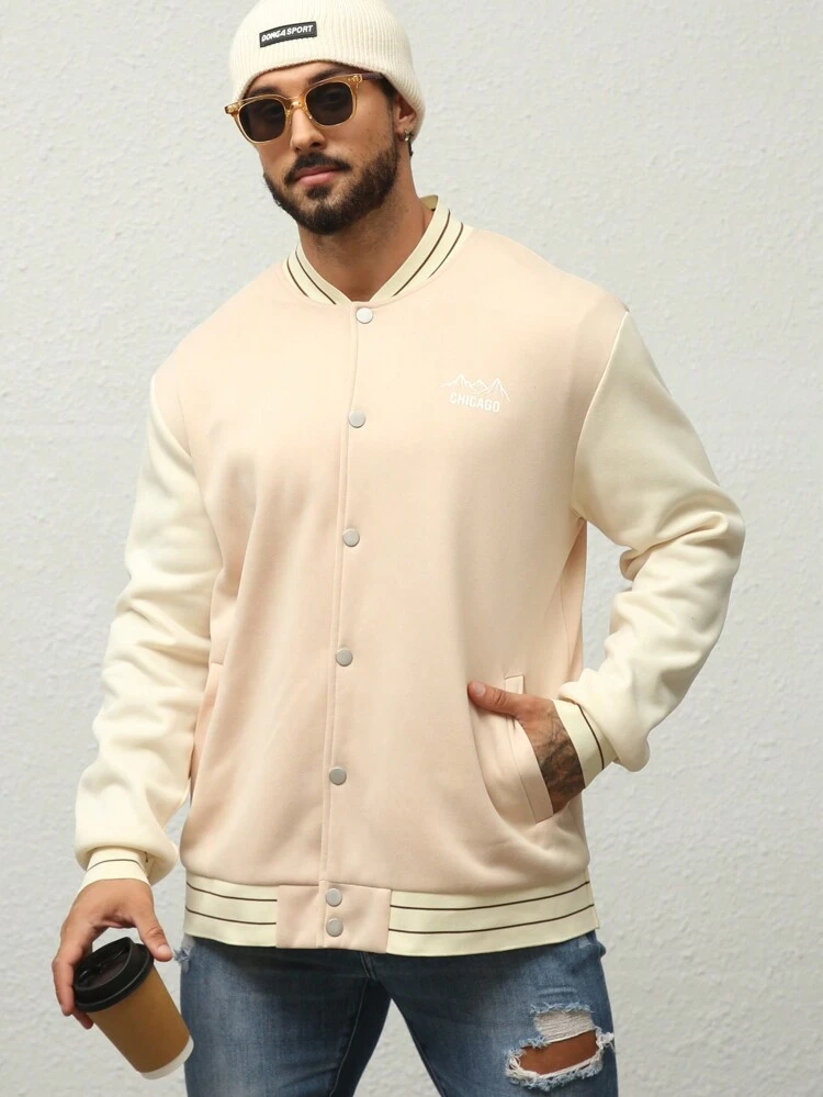 Men Plus Letter Graphic Colorblock Striped Trim Varsity Jacket