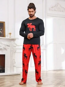 Hombres Conjunto de pijama con estampado de animal - Negro - Ver 4