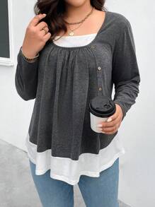 SHEIN LUNE Hơn Khối màu Chi tiết Nút Tee 2 trong1 - Xám - Xem 5