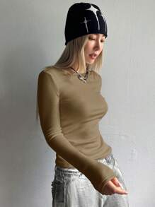 DAZY 素色圓領保暖T恤 - 橄欖綠 - 查看 4