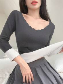 DAZY 純色扇貝邊保暖內衣上衣 - 灰色 - 查看 1